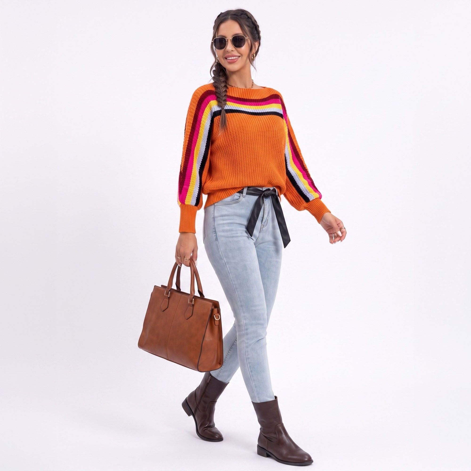Rainbow Stripe One Shoulder Balloon Sleeve Knit Sweater