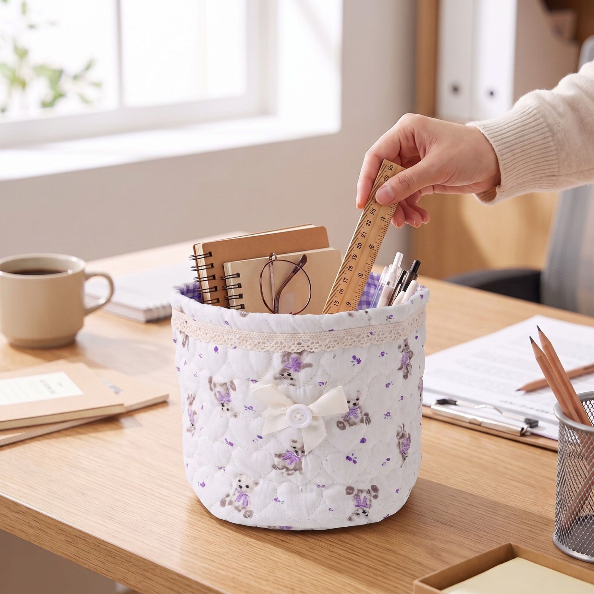 Quilted Round Fabric Storage Basket with Bow and Lace Trim