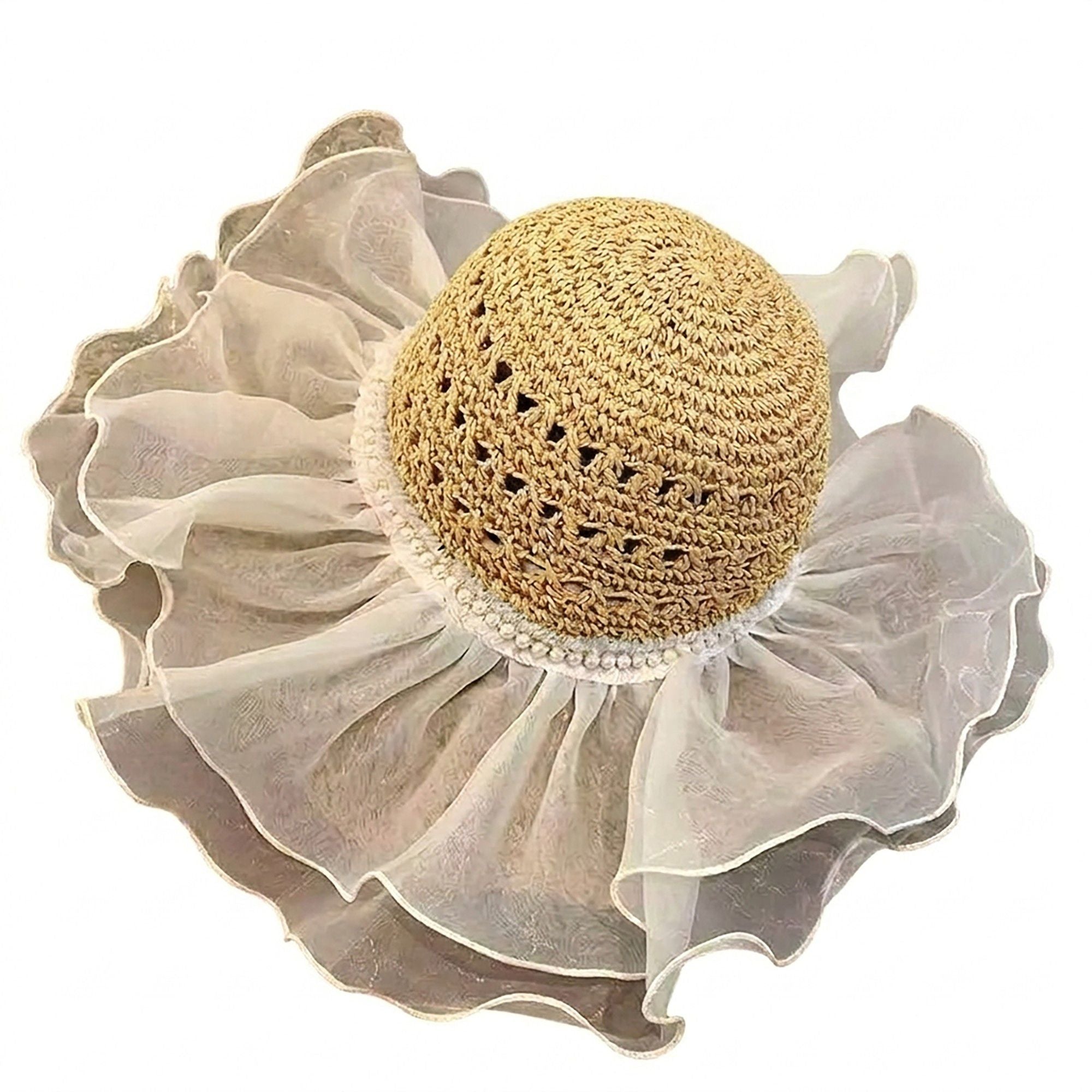 Crochet Sun Hat with Sheer Ruffle Wide Brim and Pearl Trim Detail
