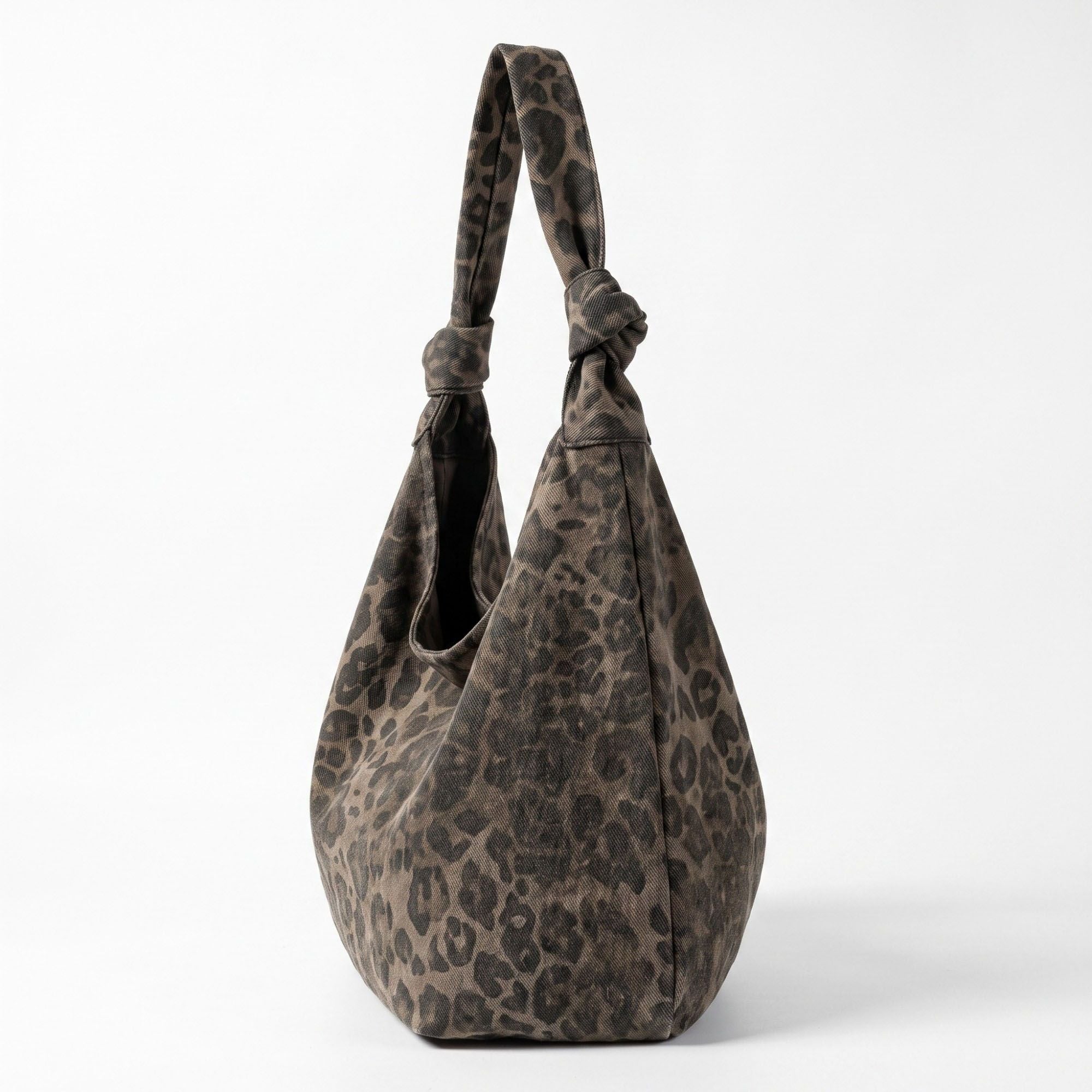 Oversized Leopard Print Hobo Shoulder Bag with Knotted Strap