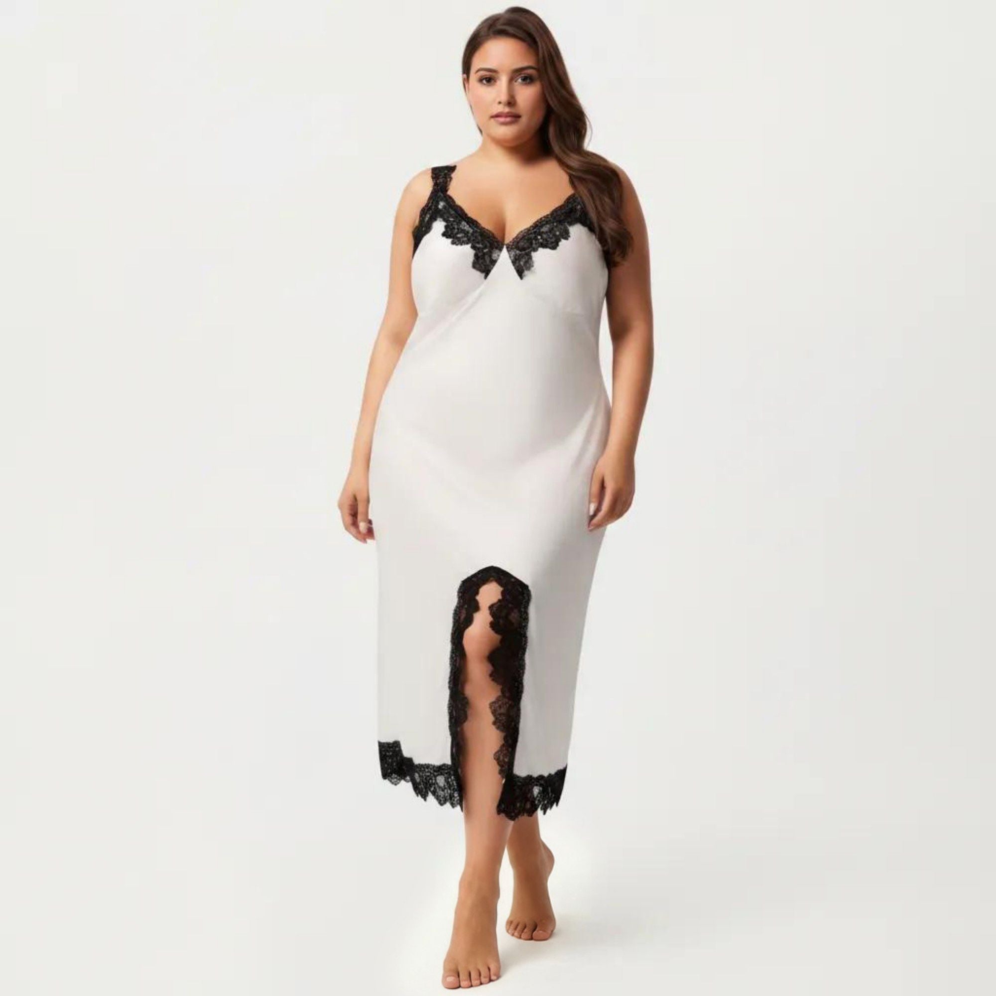 Anna-Kaci Lounge Women's Plus Size Long Satin Chemise Lace Trim Split Hem Nightgown Adjustable Strap Slip Dress