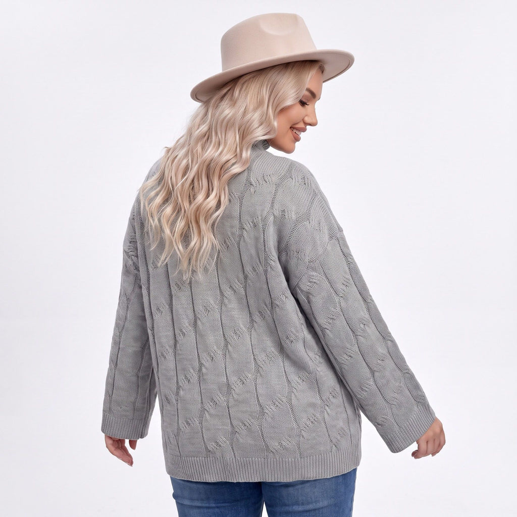 Plus Size Mock Neck Cable Knit Bell Sleeve Sweater