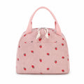 Strawberry Print Corduroy Insulated Lunch Bag with Handles and Zip Closure