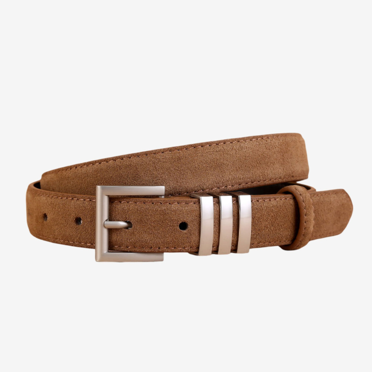Suede Leather Belt with Silver Tone Bar Accents and Square Buckle 39.4in