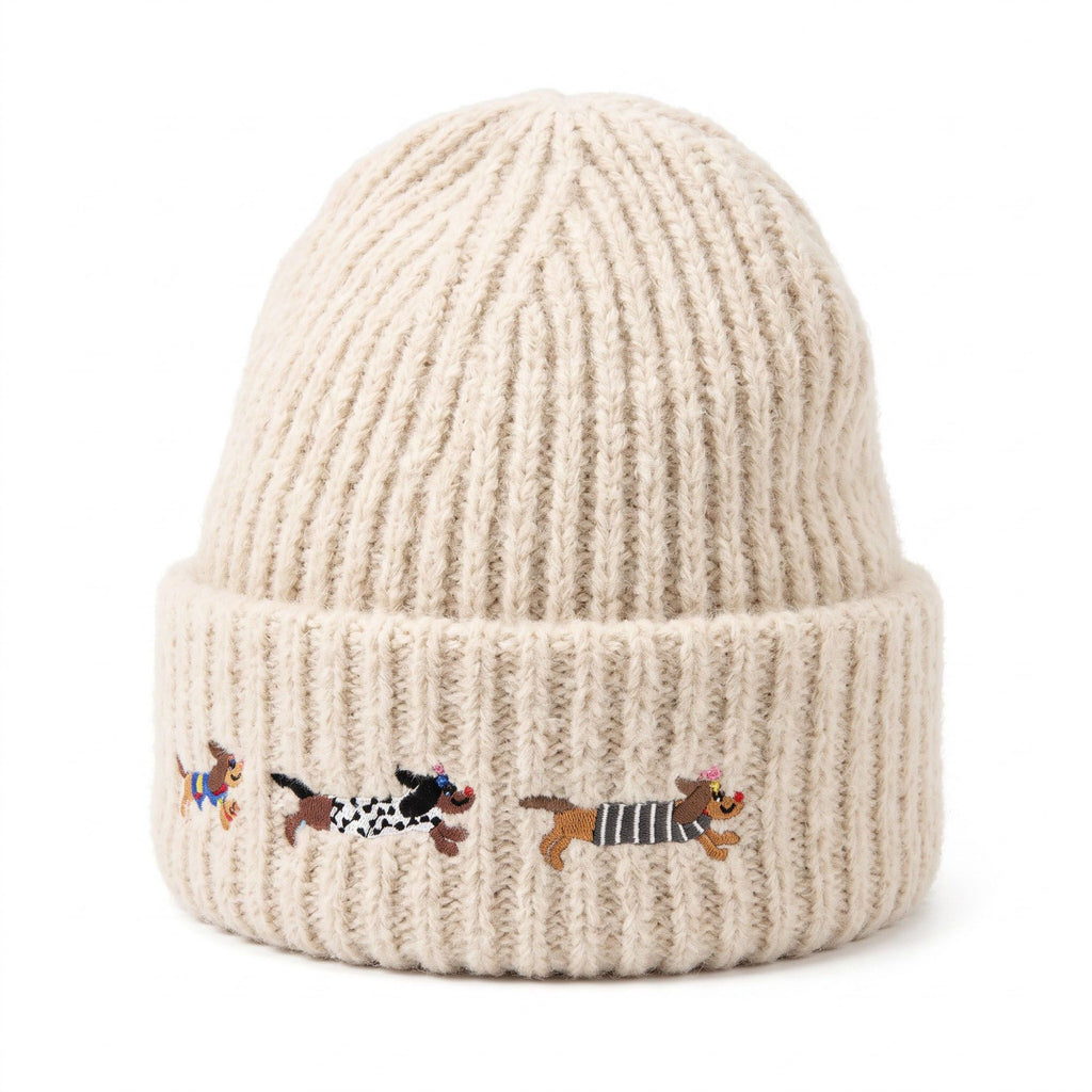 Embroidered Dachshund Knit Beanie Ribbed Cuff Winter Hat