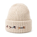 Embroidered Dachshund Knit Beanie Ribbed Cuff Winter Hat