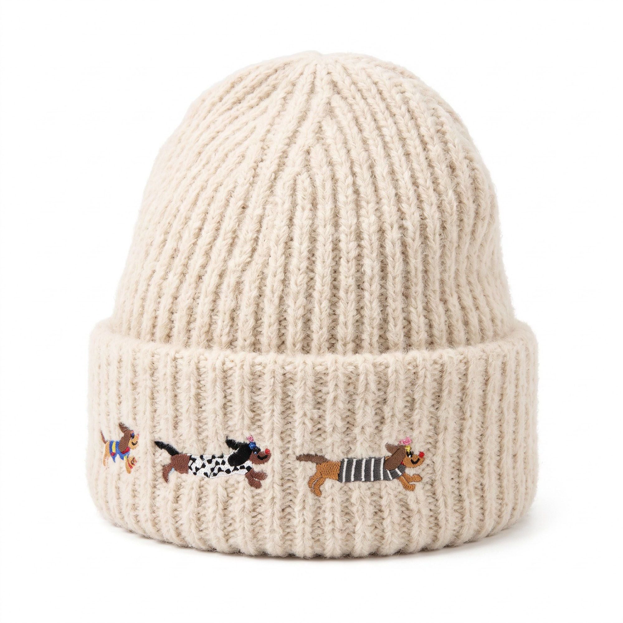 Embroidered Dachshund Knit Beanie Ribbed Cuff Winter Hat