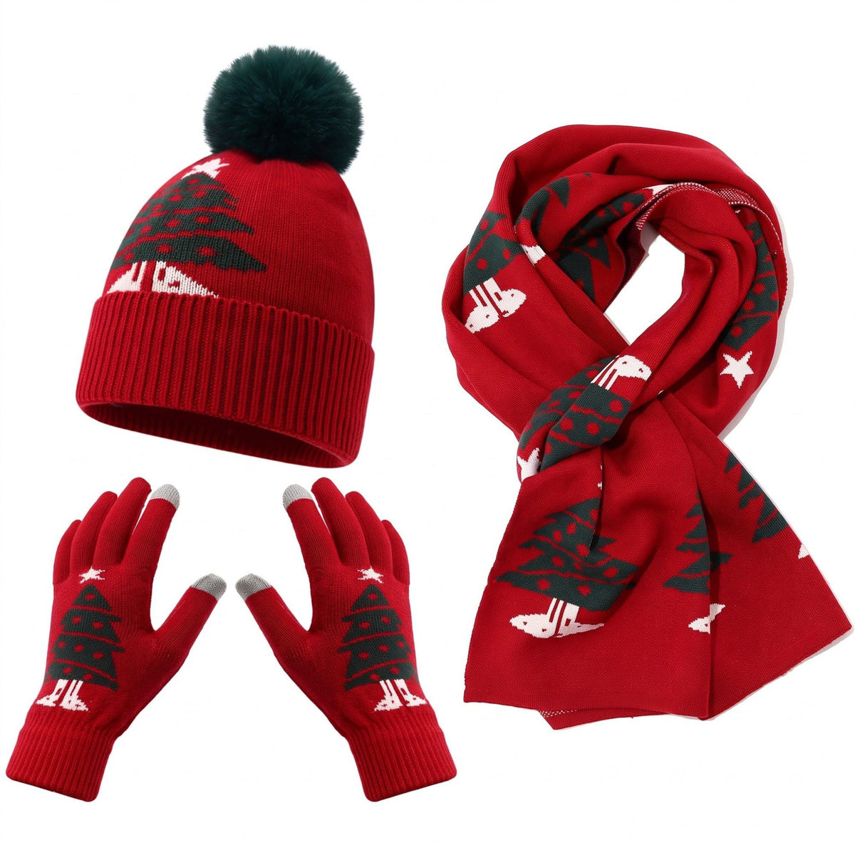 3 Piece Christmas Tree Beanie Scarf and Touchscreen Gloves Set