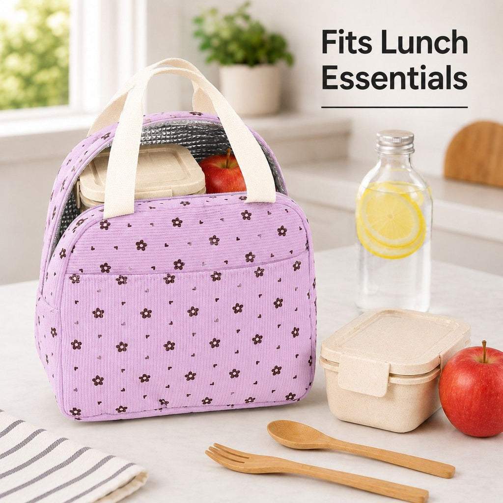 Floral Corduroy Insulated Lunch Tote Bag with Front Pocket and Zip Closure