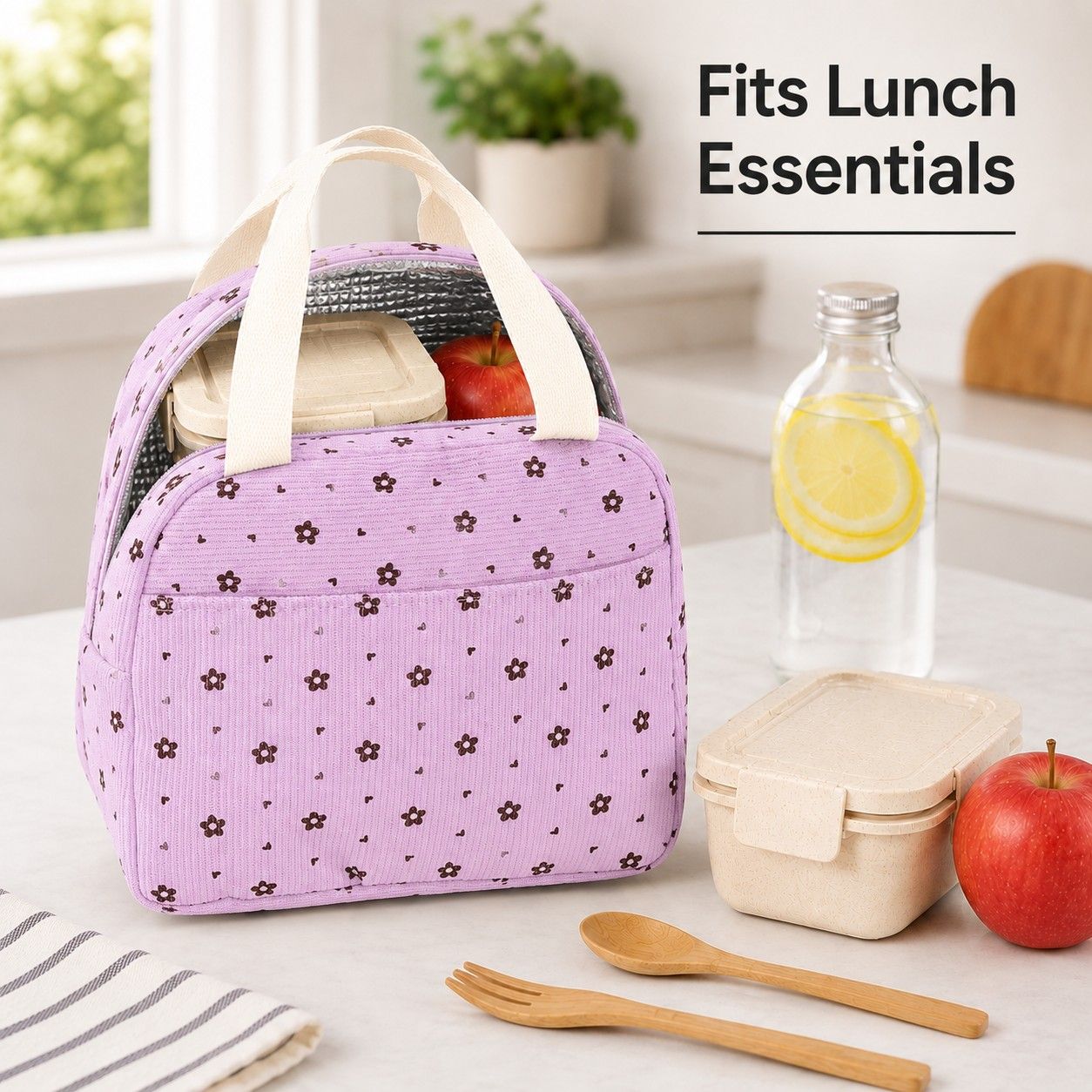 Floral Corduroy Insulated Lunch Tote Bag with Front Pocket and Zip Closure