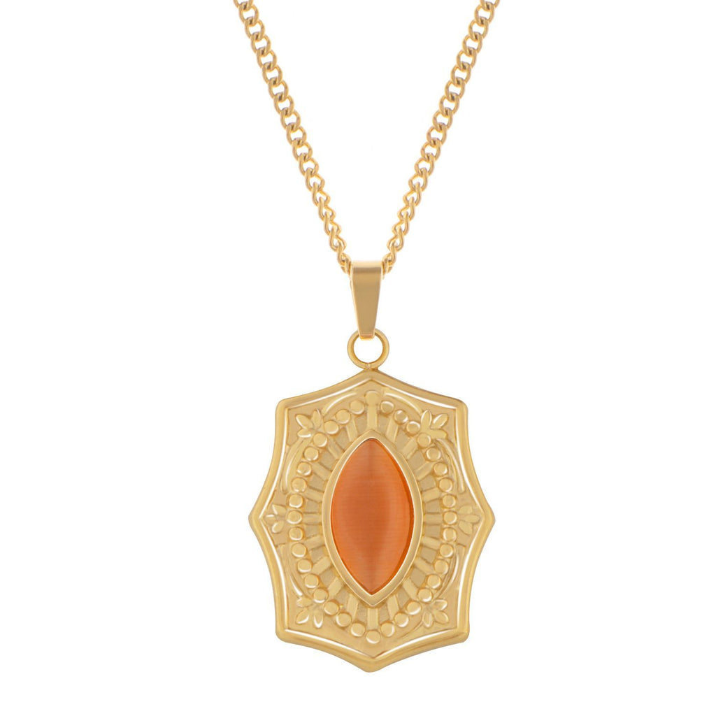 Women's Stainless Steel Fashion Necklace with 18K Gold Plated Pendant, Orange Acrylic Stone Inlay, Adjustable Chain, Unique Design