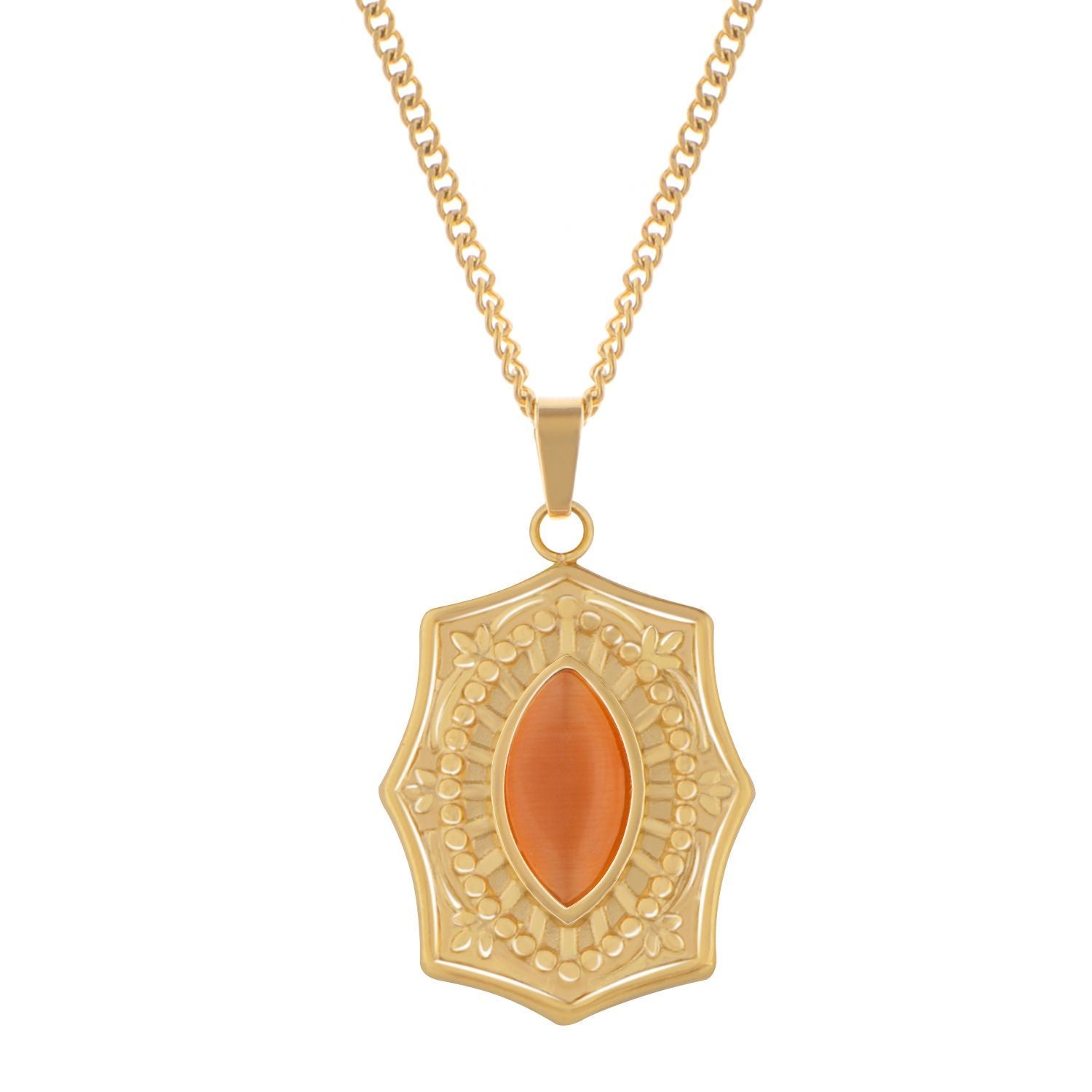 Women's Stainless Steel Fashion Necklace with 18K Gold Plated Pendant, Orange Acrylic Stone Inlay, Adjustable Chain, Unique Design