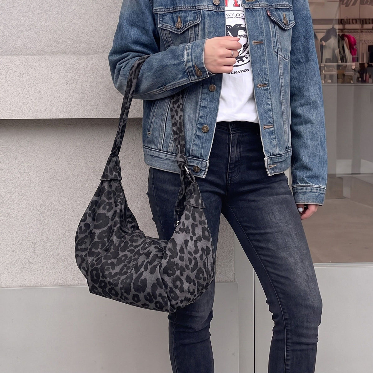Leopard Print Shoulder Bag with Knotted Strap and Zipper Closure