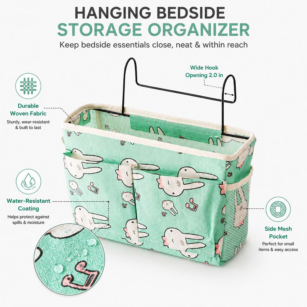 Hanging Bedside Storage Caddy Bunny Print Organizer with Hooks and Multiple Pockets