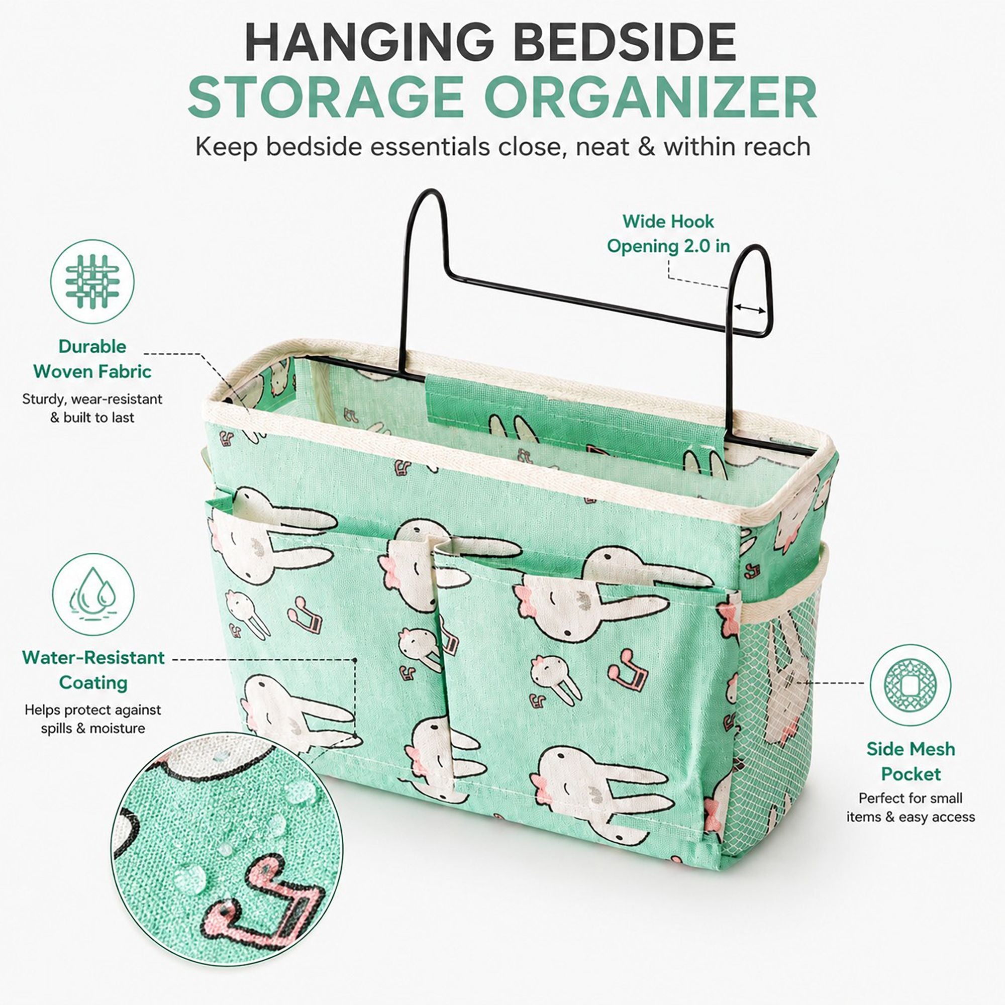 Hanging Bedside Storage Caddy Bunny Print Organizer with Hooks and Multiple Pockets