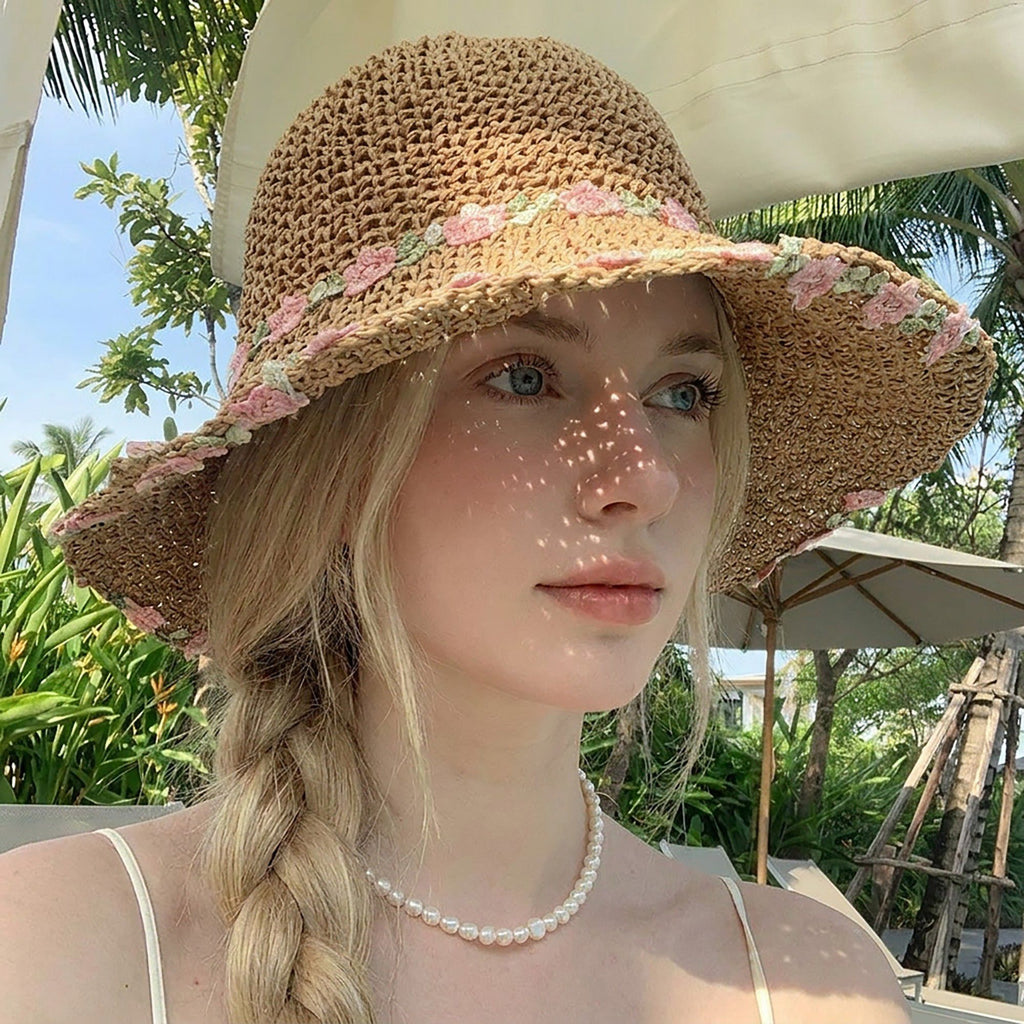 Crochet Bucket Sun Hat with Floral Embroidery and Wavy Brim Design