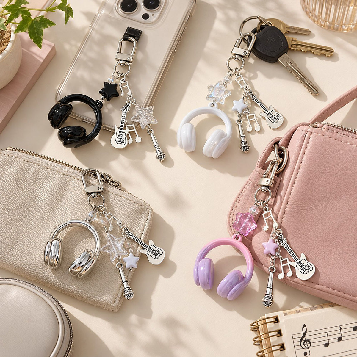 Music Theme Headphones Guitar Microphone Keychain Set