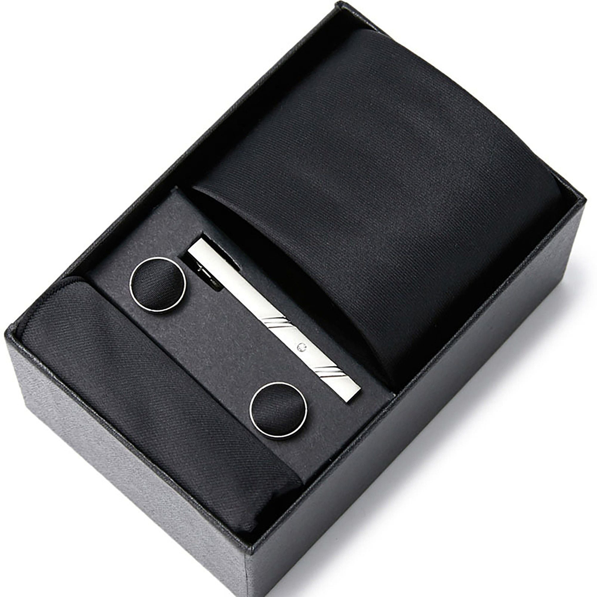Men's Solid Textured Tie Gift Set Necktie Pocket Square Cufflinks Tie Clip Formal Accessory Set
