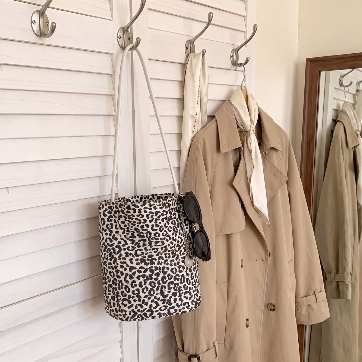 Leopard Print Bucket Shoulder Bag with Chain Charm