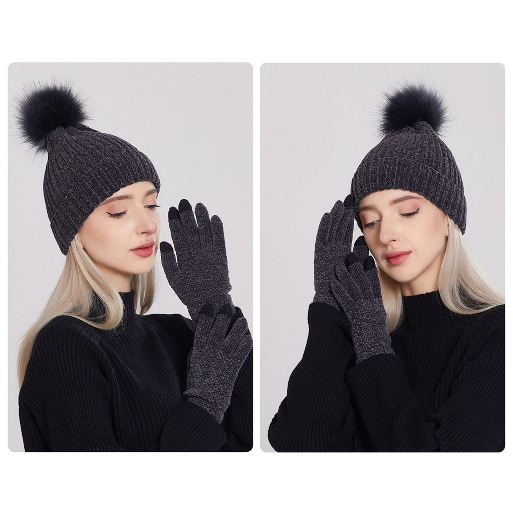 Anna-Kaci Knit Beanie and Touchscreen Gloves 2-Piece Winter Accessory Set with Ribbed Cuff Design and Fluffy Pom Pom Detail