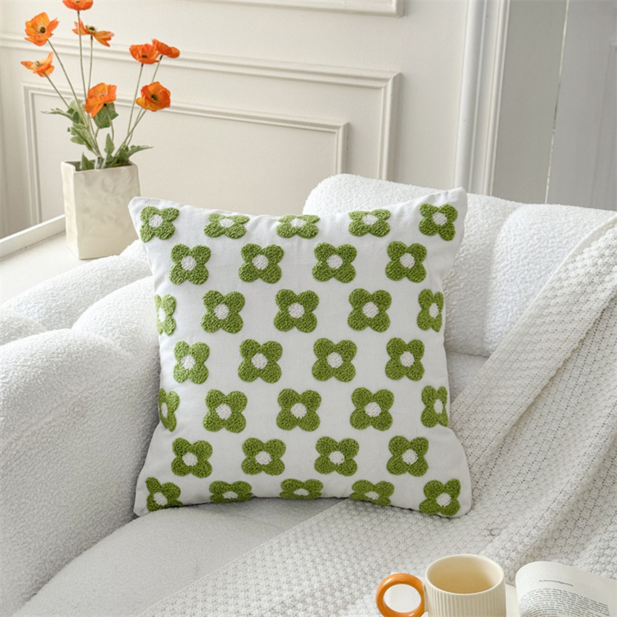 Canvas Decorative Throw Pillow Cover, Plant and Floral Print, 17.7*17.7in Square