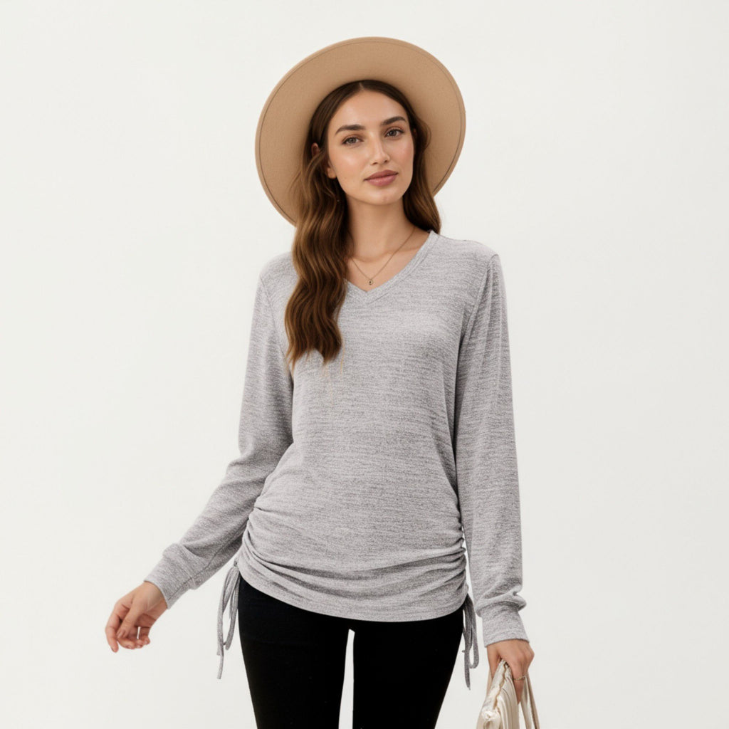 Anna-Kaci Women's Long Sleeve V-Neck Top with Side Drawstring Ruched Hem