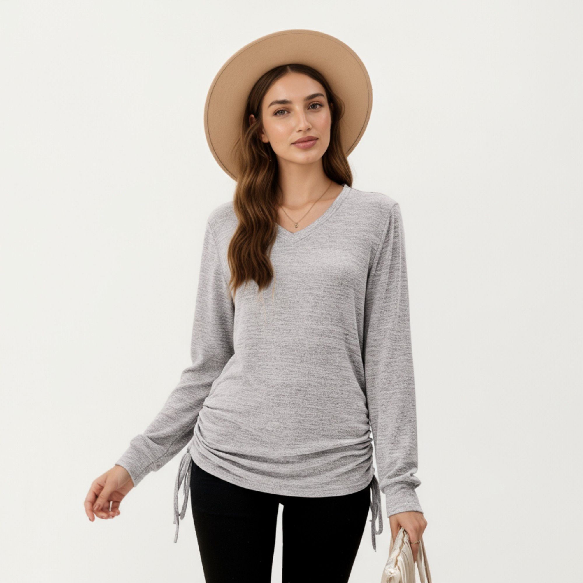 Anna-Kaci Women's Long Sleeve V-Neck Top with Side Drawstring Ruched Hem