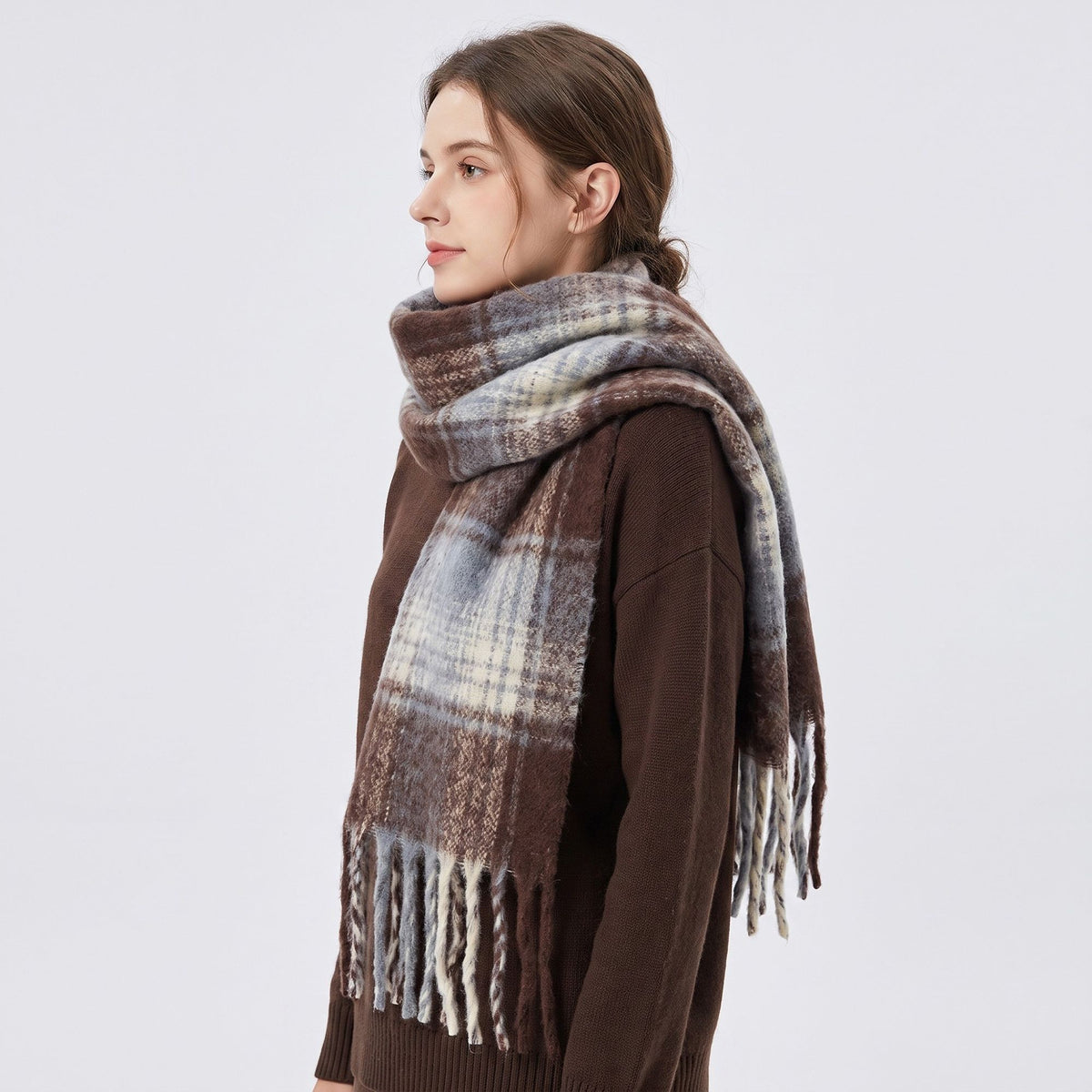 Oversized Plaid Scarf with Fringe Soft Brushed Winter Wrap