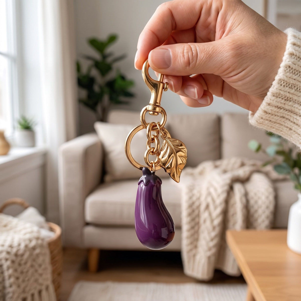 Eggplant Bag Charm Keychain with Lobster Clasp