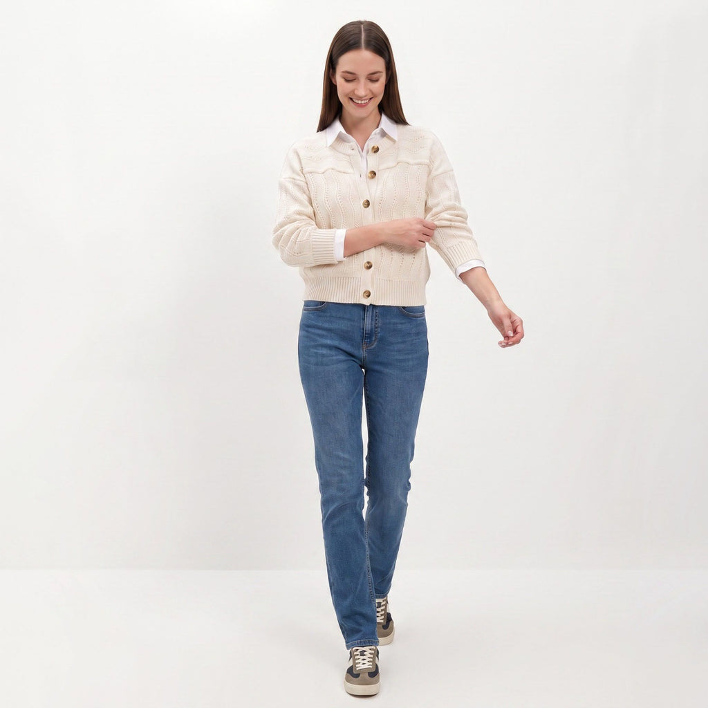 Wavy Pointelle Button-Front Long Sleeve Knit Cardigan