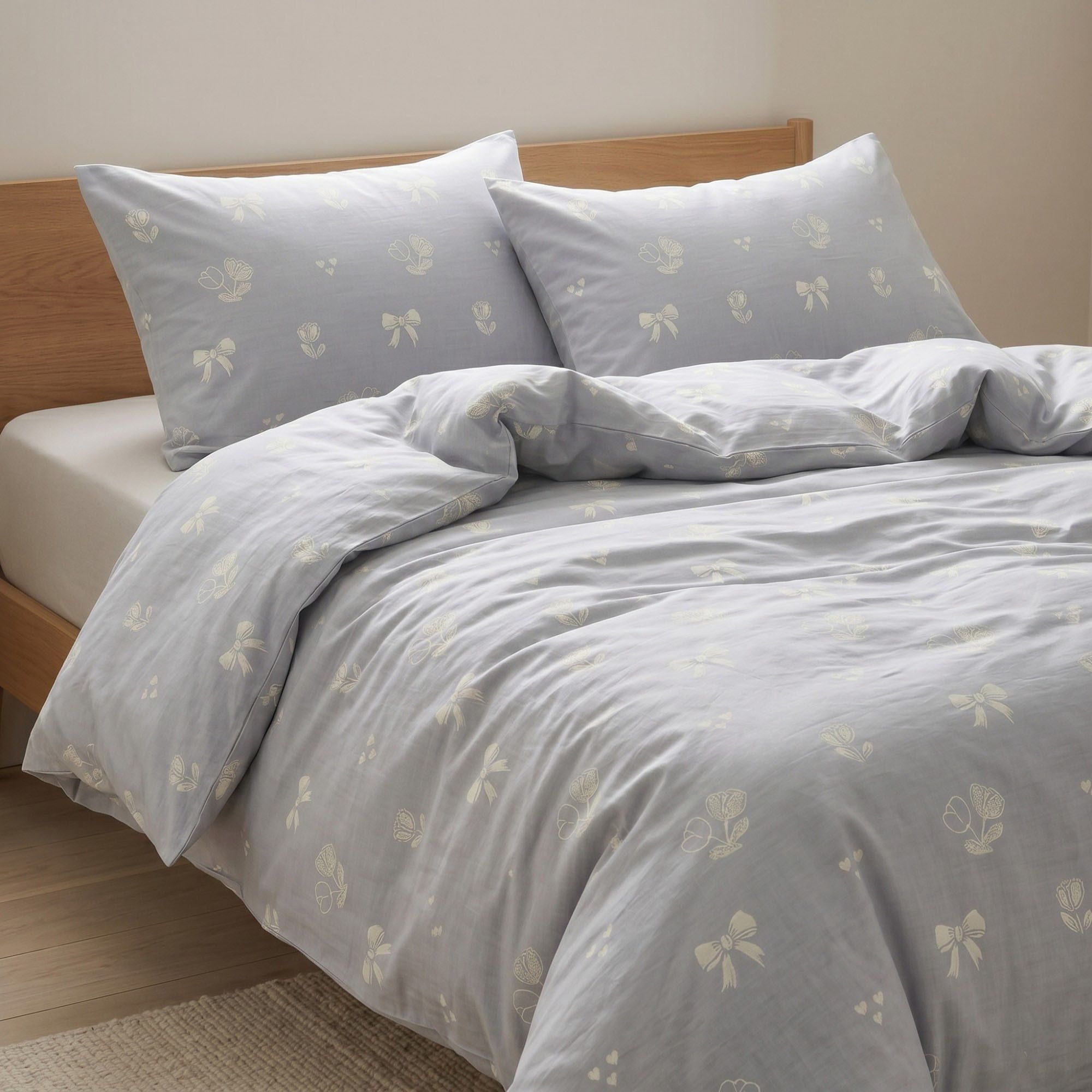 3-Piece Cotton Bedding Set with Duvet Cover and Pillowcases Soft Washed Fabric Minimal Floral Bow Print