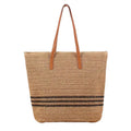 Woven Crochet Tote Bag with Striped Pattern Leather Shoulder Strap Lightweight Large Capacity Handbag