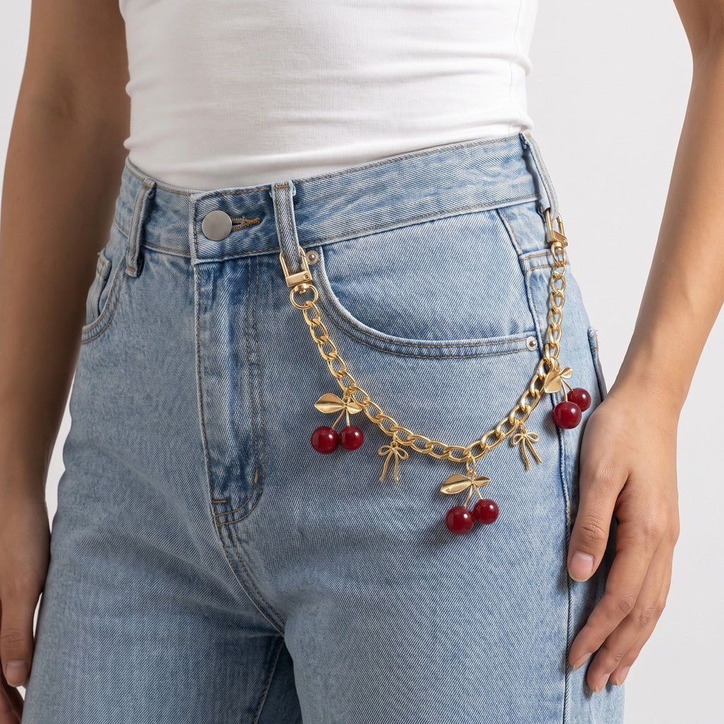 Cherry Charm Decorative Bag Chain with Double Clasps and Gold-Tone Hardware