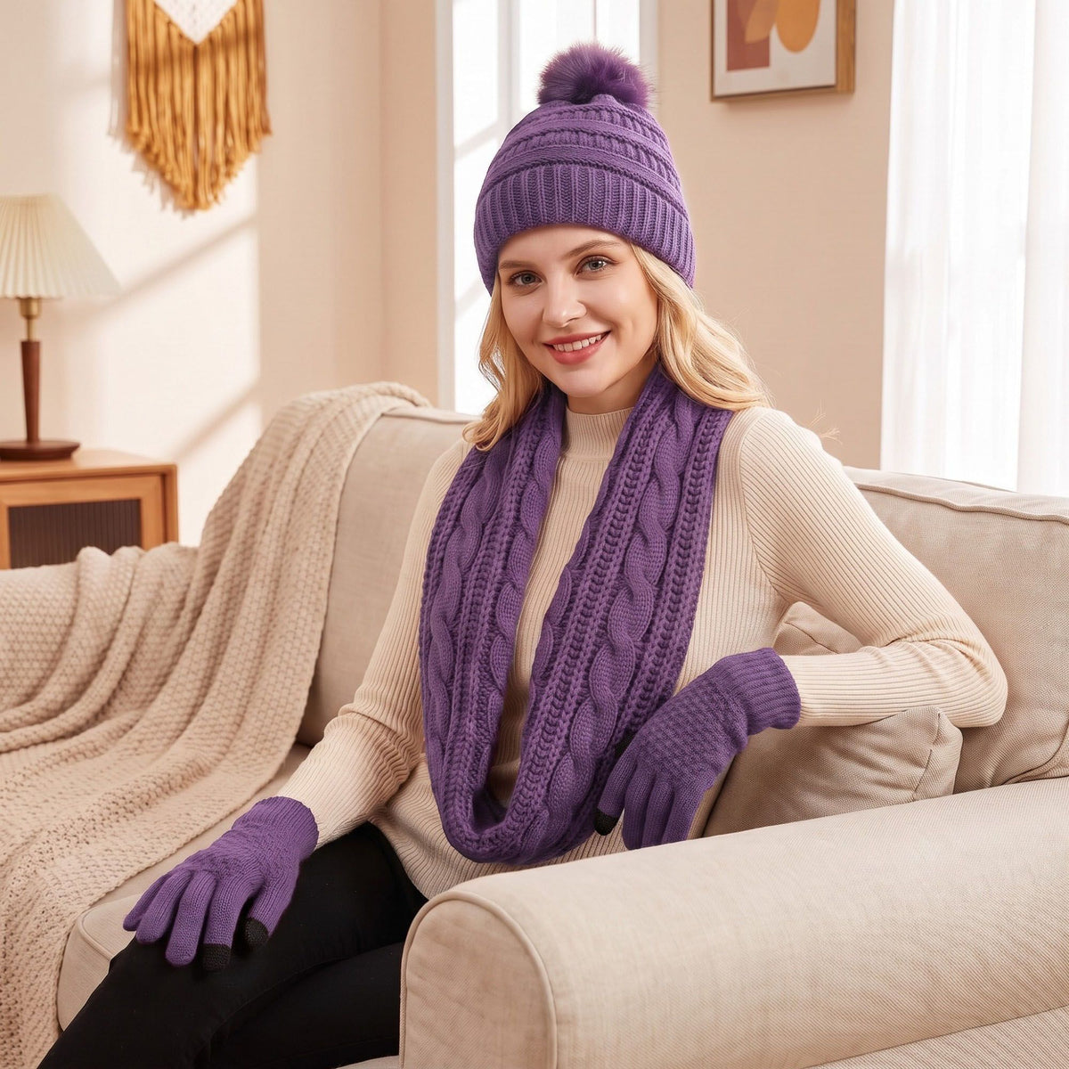 4 Piece Knit Winter Hat Scarf Touchscreen Gloves and Socks Set