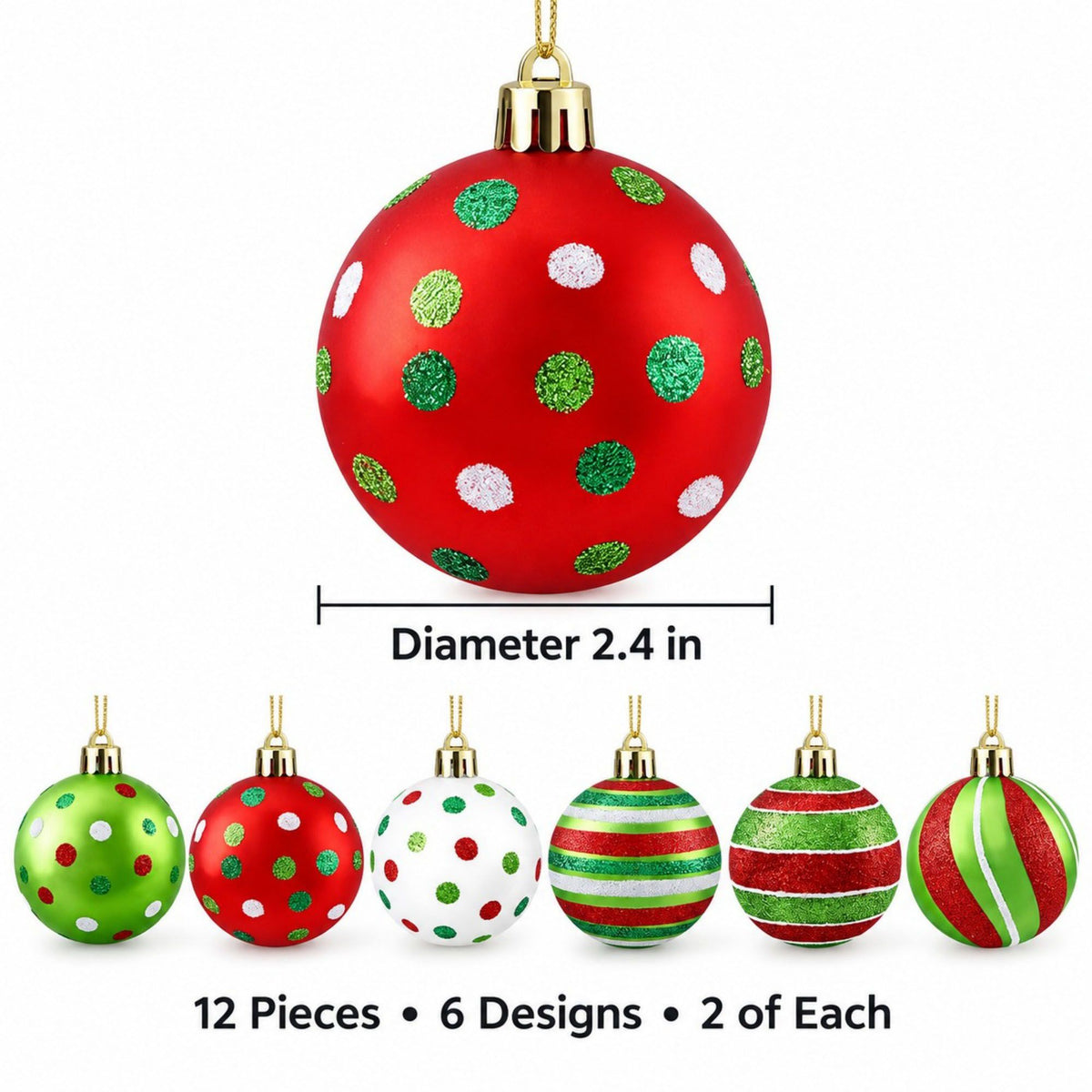 12ct Striped and Polka Dot Christmas Ball Ornament Set Red Green and White
