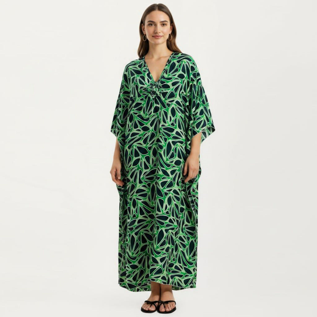 Anna-Kaci Women's Floral Print Kaftan Maxi Dress with V-Neck Button Front and Flowy Batwing Sleeves