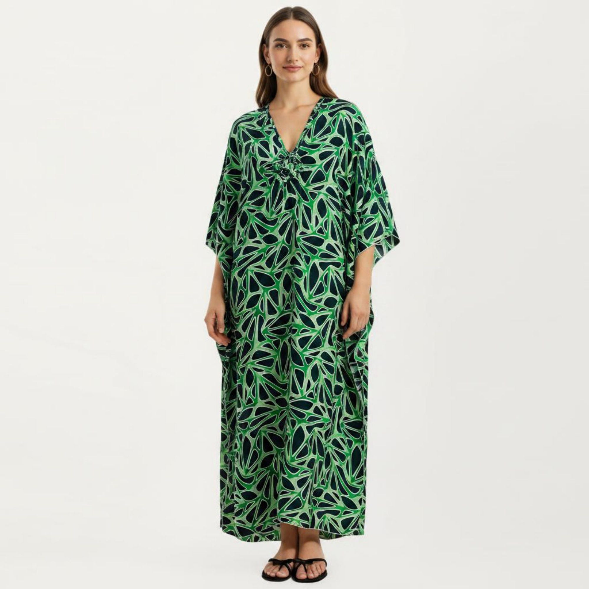 Anna-Kaci Women's Floral Print Kaftan Maxi Dress with V-Neck Button Front and Flowy Batwing Sleeves