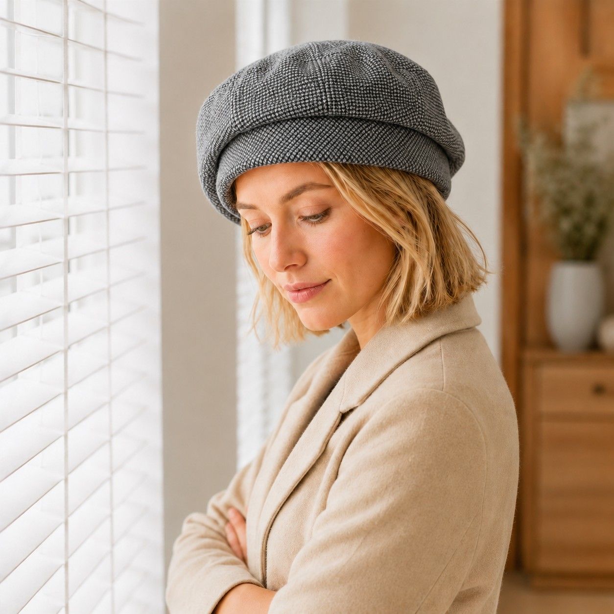 Wool Blend Houndstooth Beret Hat Vintage Painter Cap for Fall Winter