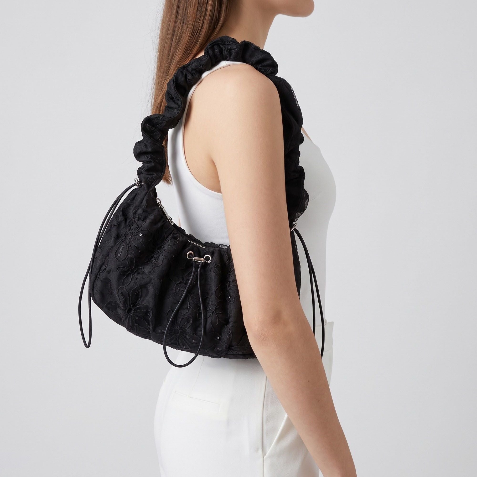 Floral Embroidered Ruched Shoulder Bag with Drawstring Closure 11x8.3x3in