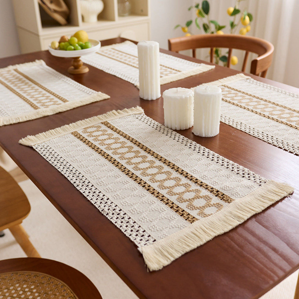 4 Set Woven Rectangular Placemats with Textured Stripes and Fringe Edges 11.8x19.5 in