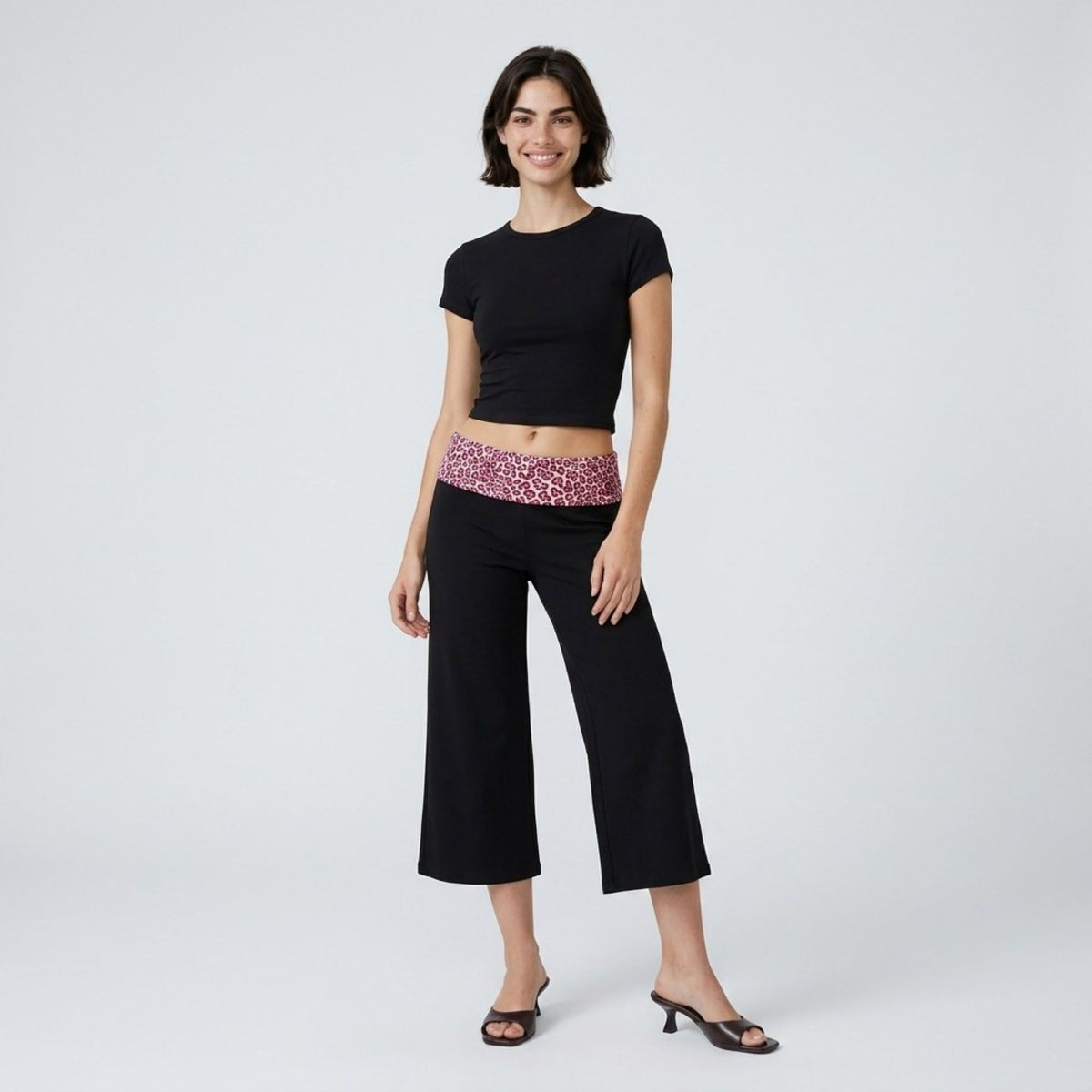 Contrast Foldover Waistband Leopard Print Cropped Trousers