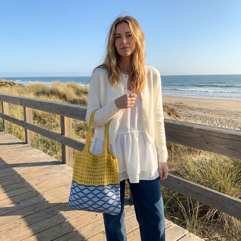 Crochet Knit Tote Bag with Openwork Design and Wave Pattern