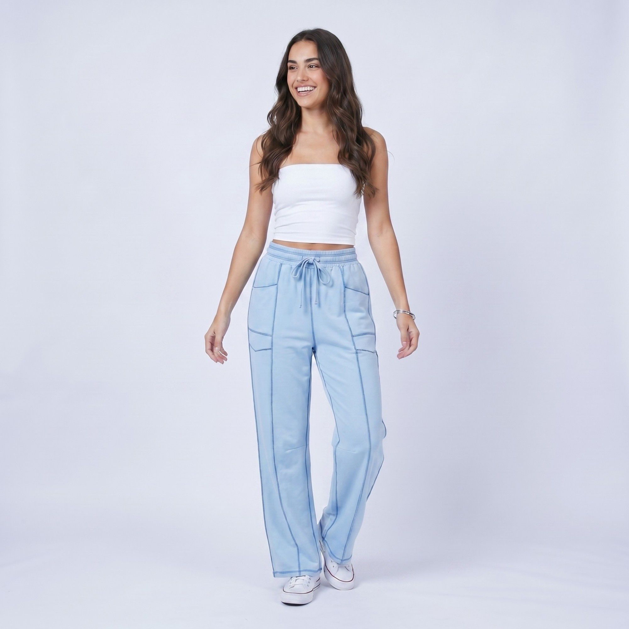 Anna-Kaci Women's High Rise Drawstring Wide Leg Utility Pants with Patch Pockets