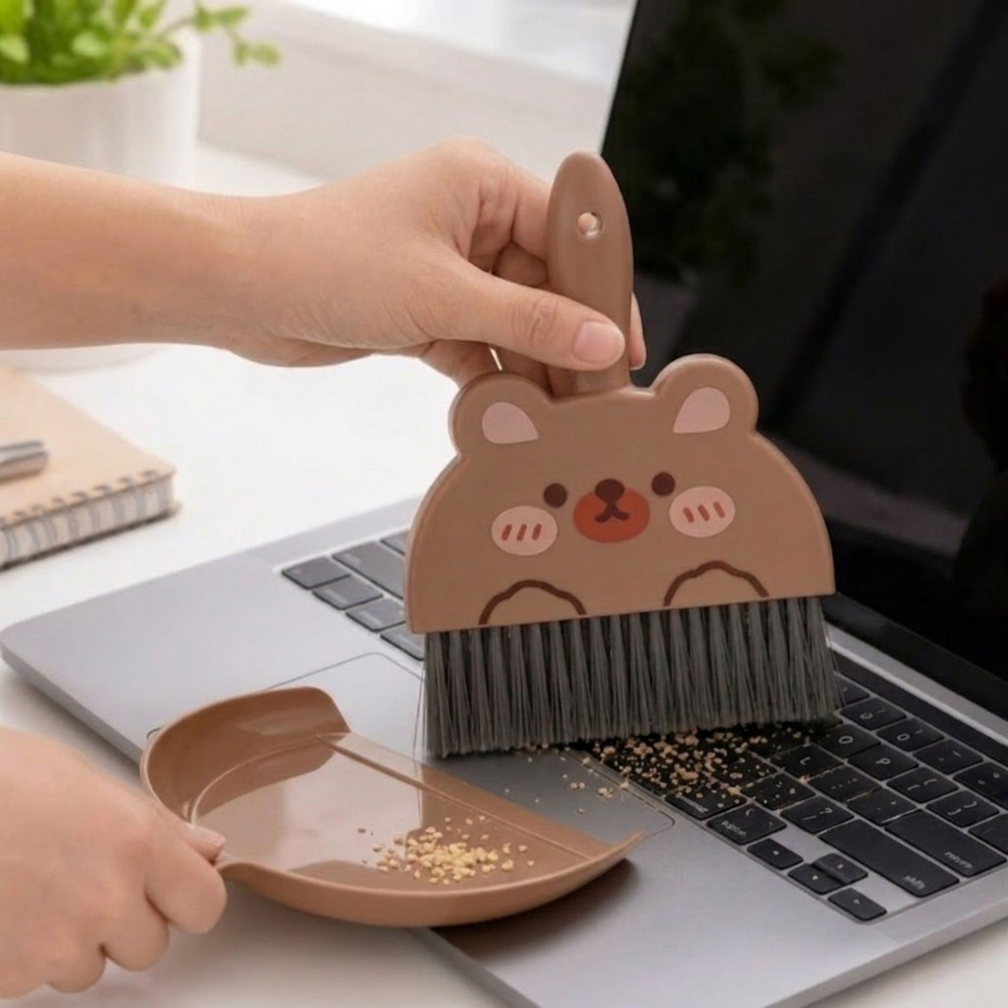 2-Piece Mini Dustpan and Brush Set with Animal Face Design for Tabletop Cleaning