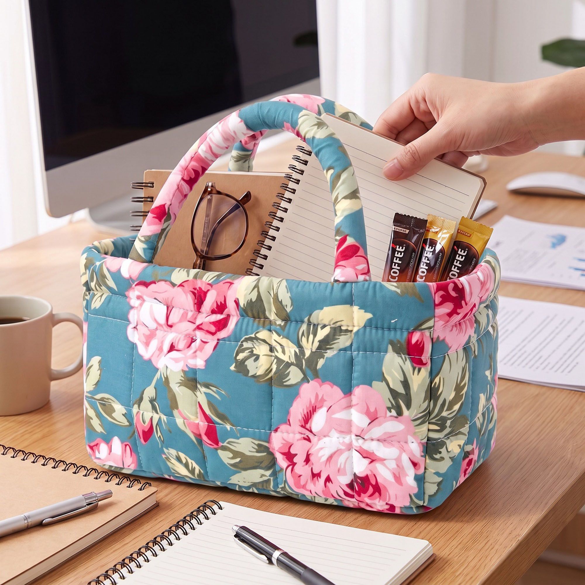 Quilted Floral Storage Basket with Handles