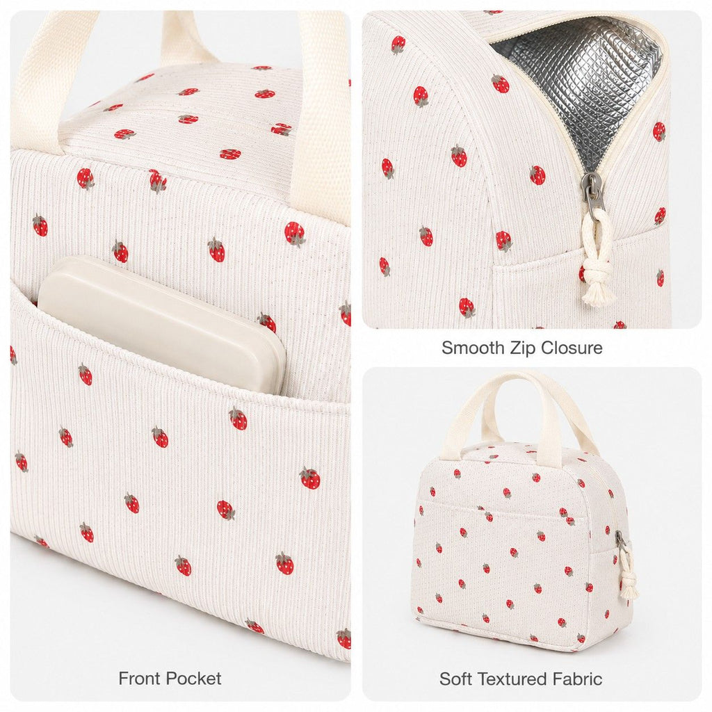 Floral Corduroy Insulated Lunch Tote Bag with Front Pocket and Zip Closure