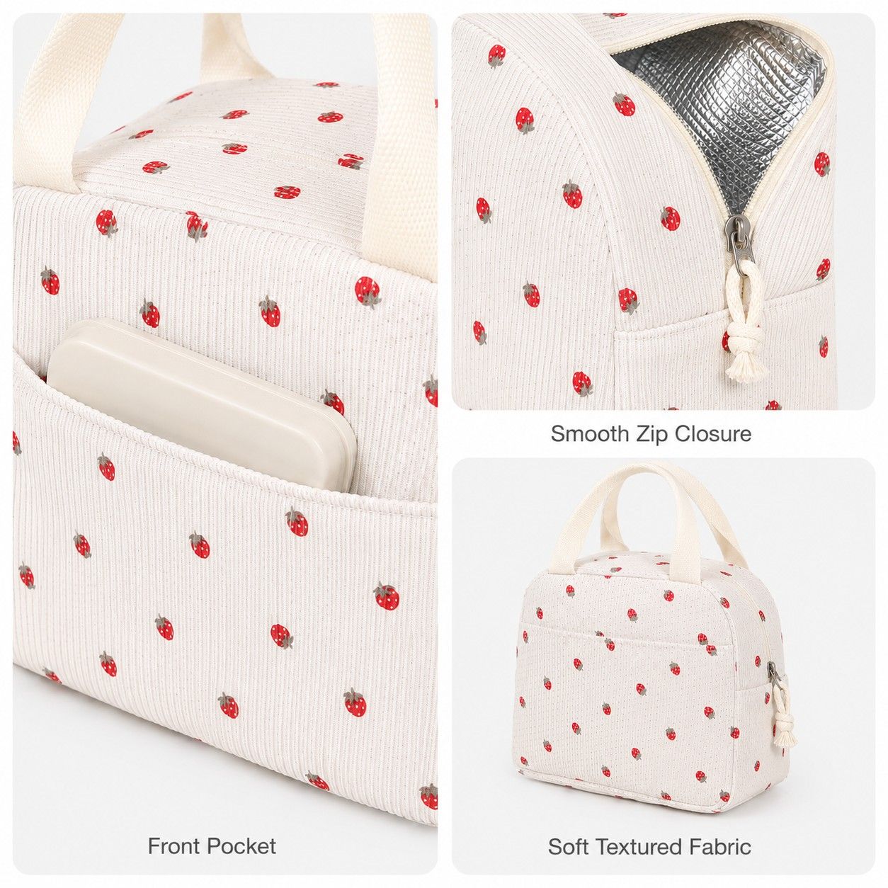 Floral Corduroy Insulated Lunch Tote Bag with Front Pocket and Zip Closure
