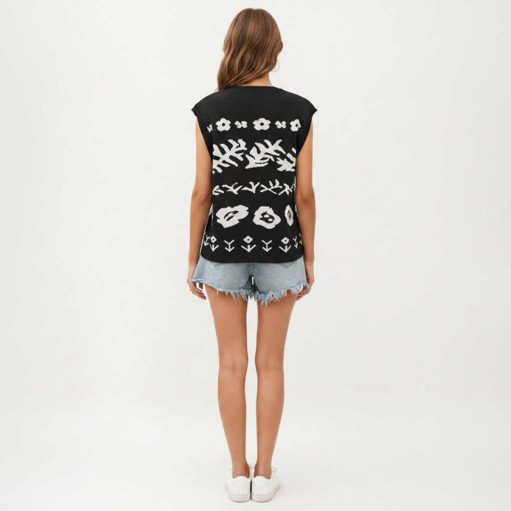Anna-Kaci Women's Sleeveless Floral Knit Vest Top with V-Neck Front and Button Detail