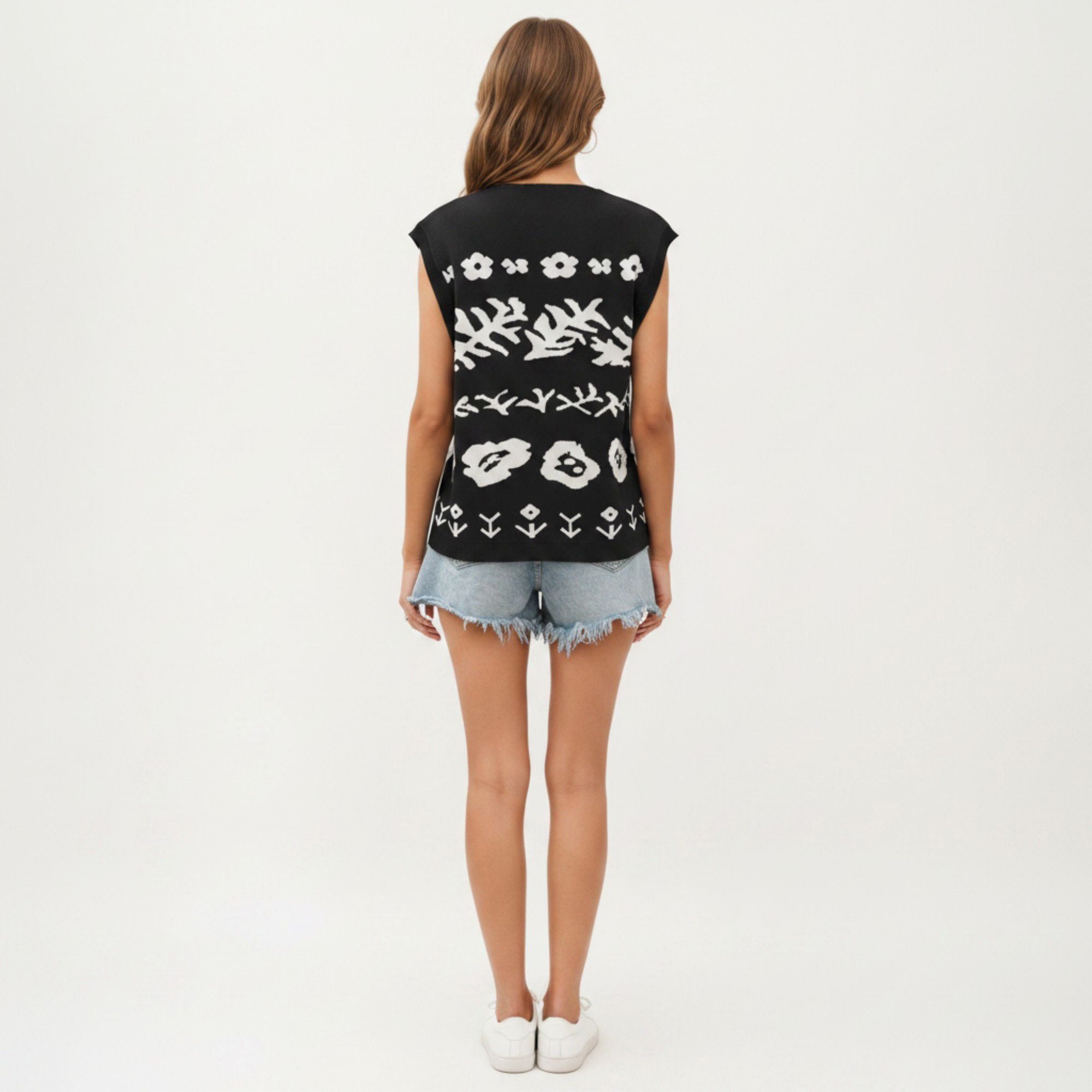 Anna-Kaci Women's Sleeveless Floral Knit Vest Top with V-Neck Front and Button Detail