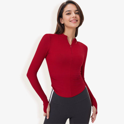 Long Sleeve Athletic Zip-Up Top with Thumb Holes